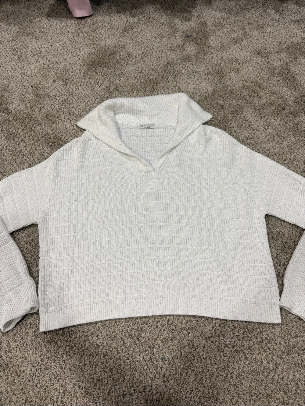 Brunello Cucinelli White Sequin Knit Collared Sweater Size S Made in Italy